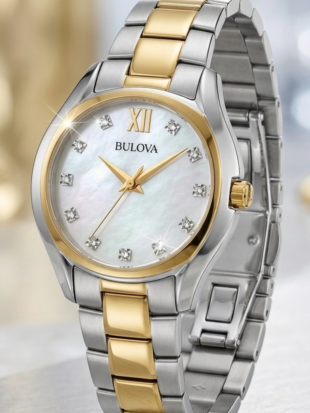 Bulova Diamond Mother of Pearl Dial Two Tone Gold Silver Women's Watch 98P145